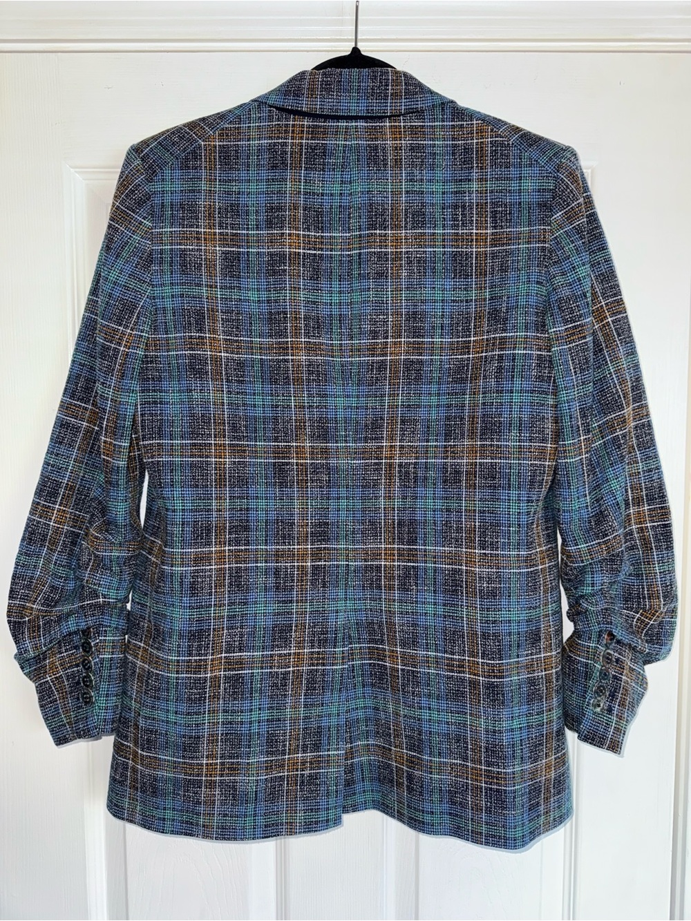 VERONICA BEARD Dickey Blue Plaid MARTEL Ruched Slv Cotton Linen Blazer Jacket 8 - Picture 11 of 16